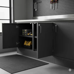 Lower base garage storage cabinets with locks and a stainless steel workbench top for a functional and secure DIY workspace.