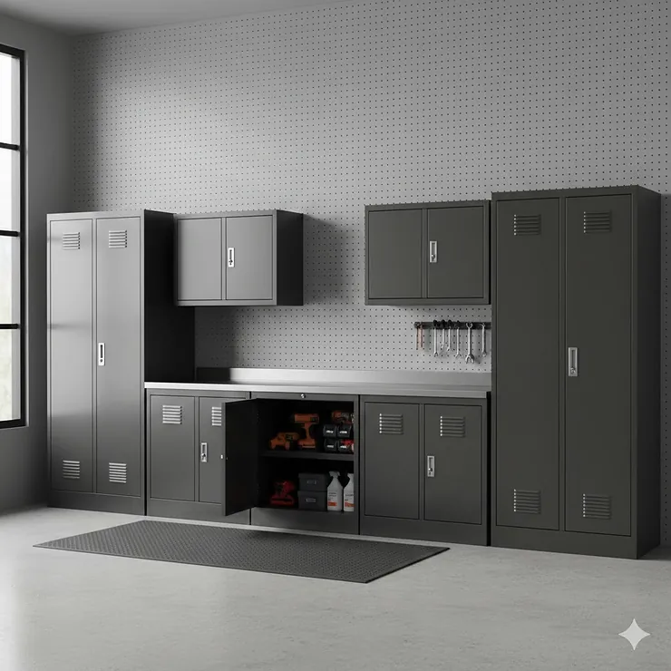 A complete set of heavy-duty lockable garage storage cabinets in charcoal gray, featuring tall lockers and wall-mounted units for secure organization.