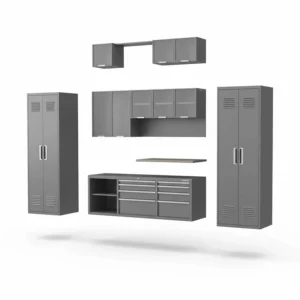 An exploded view diagram of a modular garage cabinet system showing interchangeable wall cabinets, base units, and tall lockers.