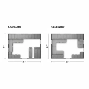Dimension guide for modular garage cabinet systems illustrating how to fit 2-car and 3-car garage layouts.