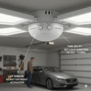 Infographic explaining the LUX and time delay settings on a garage motion sensor.