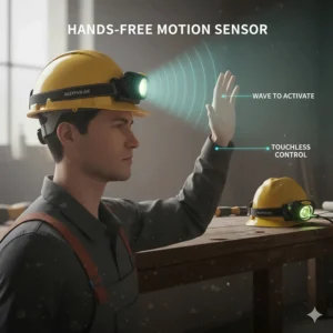 Illustration of a worker waving a hand in front of a rechargeable hard hat light to activate the hands-free motion sensor.