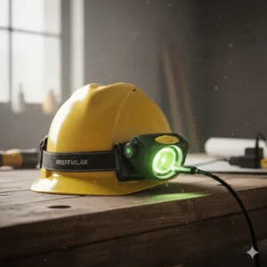 Illustration of a hard hat light connecting to a USB-C charging cable with a green battery life indicator.