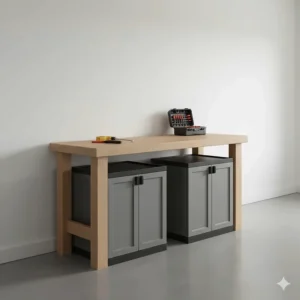 Heavy-duty Rubbermaid base garage cabinet with a flat top surface used as a workbench.