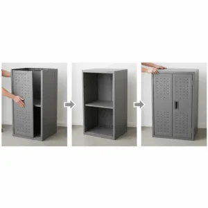 Illustration showing the easy, tool-free snap-together assembly of Rubbermaid garage units.