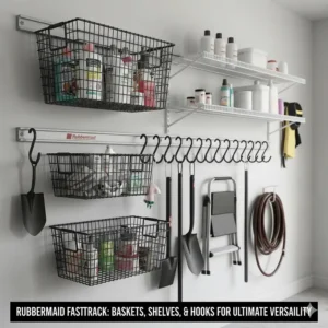 An array of Rubbermaid FastTrack accessories including mesh baskets, multi-purpose hooks, and shelving.