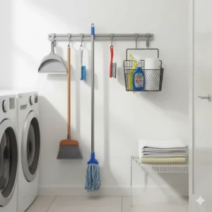 Illustration of a compact Rubbermaid FastTrack system used for organizing brooms and mops in a laundry room.