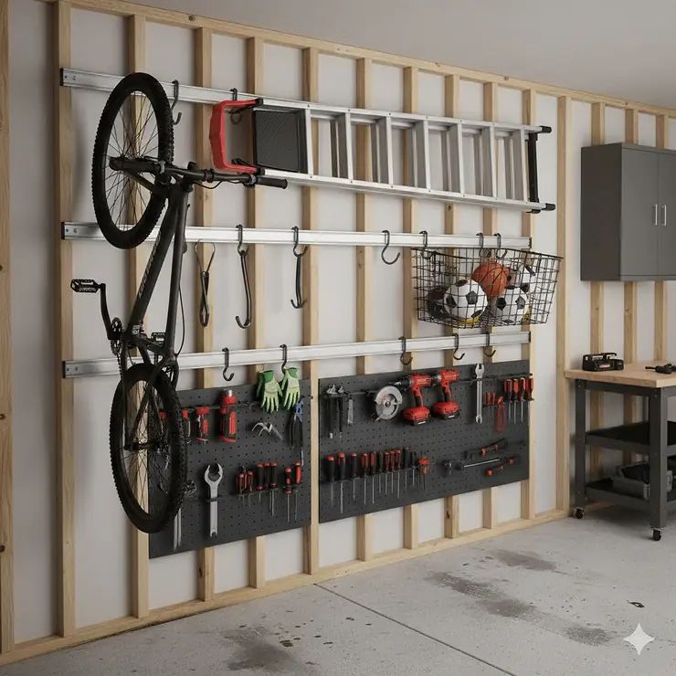 A fully installed Rubbermaid FastTrack system in a garage organizing bikes, ladders, and power tools.