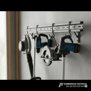 Illustration showing the steel construction of a Rubbermaid FastTrack rail supporting heavy power tools.