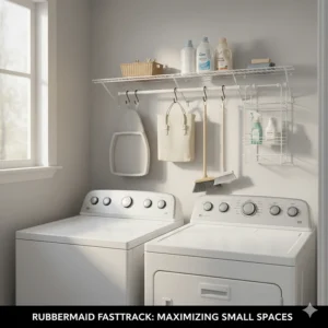 A compact Rubbermaid FastTrack rail kit used for organizing a small laundry room or shed.