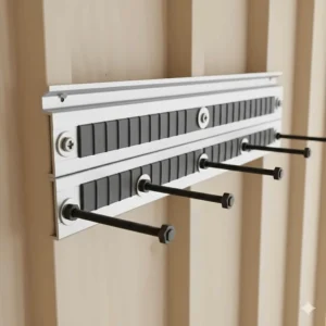 Close-up illustration of the heavy-duty steel rail component of the Rubbermaid FastTrack system.