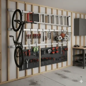 Illustration of the FastTrack wall panel system for smaller hand tool organization.