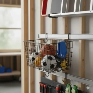Illustration of the Rubbermaid FastTrack deep mesh basket used for storing sports balls and loose items.