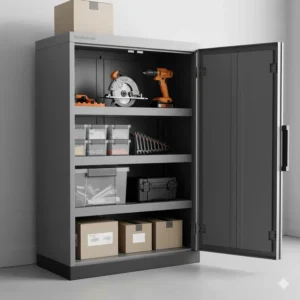 Interior view of a Rubbermaid cabinet showing high-weight capacity shelves holding power tools and bins.