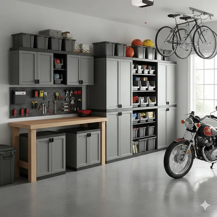 A fully installed Rubbermaid garage storage cabinet system featuring tall cabinets and wall-mounted units for home organization. rubbermaid garage storage cabinets