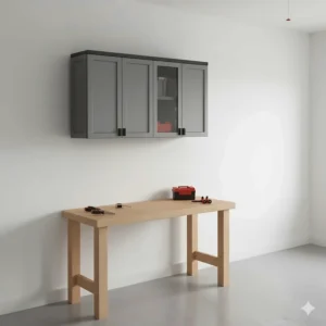 Space-saving Rubbermaid wall-mounted storage cabinet installed above a garage workbench.