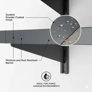 Illustration highlighting the rust-resistant coating on heavy duty garage wall shelves suitable for humid garage environments.