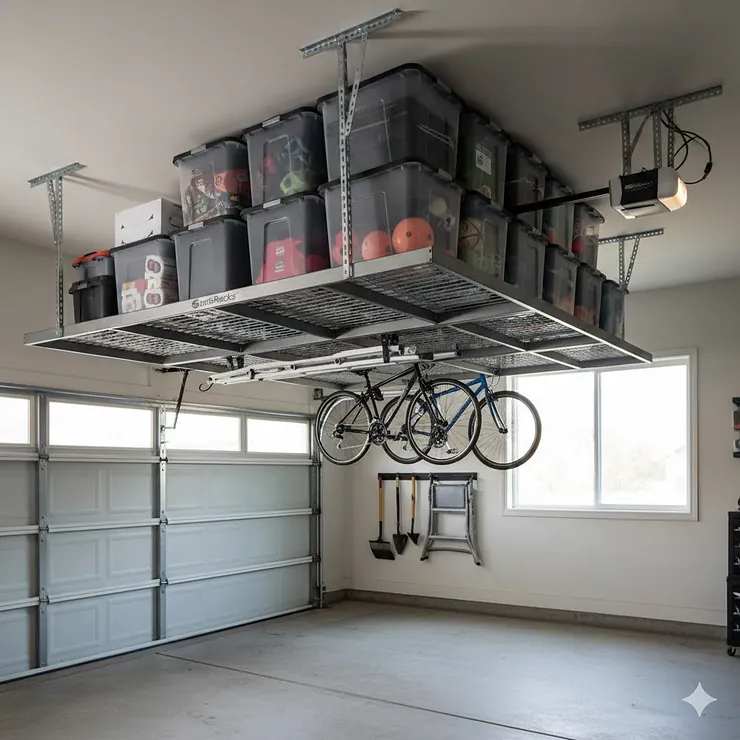 A fully installed SafeRacks overhead storage system in a two-car garage holding heavy bins and seasonal gear.