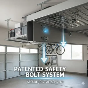 Illustration highlighting the patented safety bolt system used to secure overhead racks to ceiling joists.
