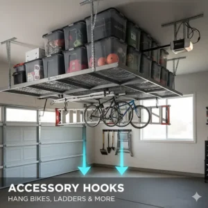 Illustration of deck hooks and rail hooks attached to a SafeRacks unit for hanging bicycles and ladders.