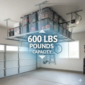 Illustration showing the 600-pound weight capacity of a SafeRacks overhead rack with evenly distributed loads.
