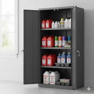 Lockable garage storage cabinets being used to safely store household chemicals and paints away from children and pets.