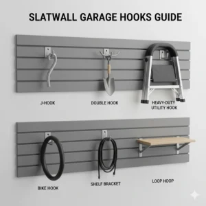 A guide to different slatwall hooks including J-hooks, double hooks, and heavy-duty utility hooks for ladders.