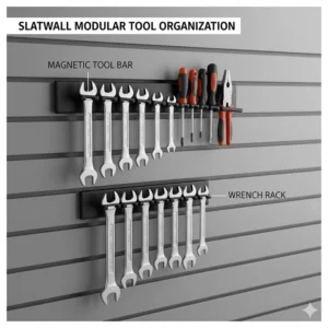 A close-up illustration of a magnetic tool bar and wrench organizer attached to a slatwall groove.