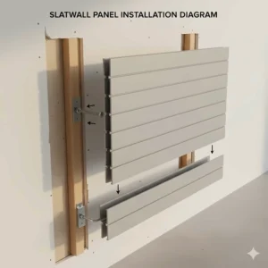 Illustration showing the cross-section of a PVC slatwall panel and how it mounts to garage studs.