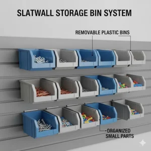 Small plastic bins hanging on a slatwall panel for organizing screws, nails, and small hardware.