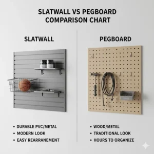 A side-by-side comparison illustration showing the durability and aesthetics of slatwall versus traditional pegboard.