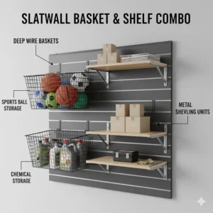 Illustration of deep wire baskets and metal shelving units used for sports ball and chemical storage.