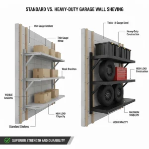 Comparison chart illustrating the thickness and load-bearing differences between standard shelving and heavy duty garage wall shelves.
