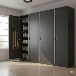 Large vertical garage storage cabinets used for keeping tall garden tools and cleaning supplies organized.