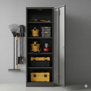 A vertical tall-standing lockable garage cabinet designed for storing long-handled tools and bulky gear securely.