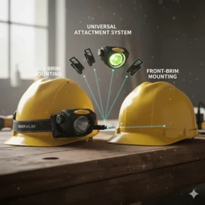 Illustration demonstrating how a rechargeable headlamp securely clips onto different types of safety hard hats.