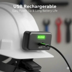 Illustration of a USB-C charging port on a rechargeable clip-on hard hat light with a battery life indicator.