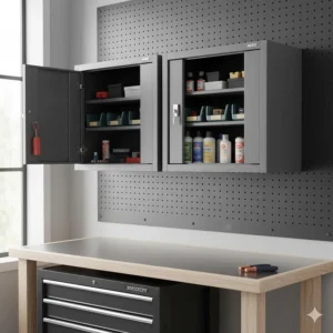 Floating or wall-mounted lockable garage storage cabinets installed above a workbench to save floor space and keep hazardous items out of reach.