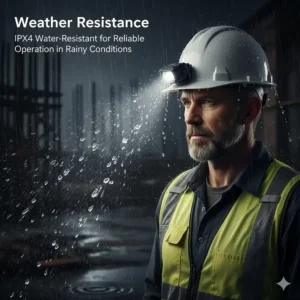 Illustration of a clip-on safety light being used in rainy conditions to highlight IPX4 water resistance.