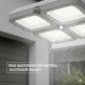 Close-up illustration highlighting the IP65 waterproof rating for outdoor-rated motion sensor garage lights.