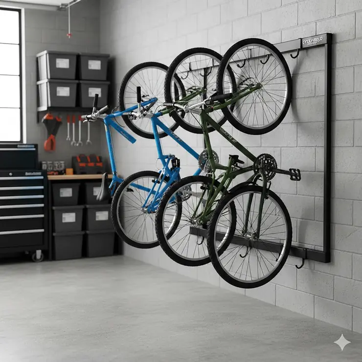 A heavy-duty 4 bike garage storage rack mounted on a wall holding four mountain bikes.