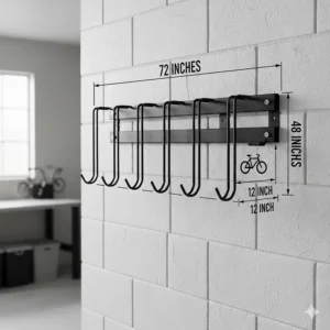 Technical drawing showing the width and height dimensions of a 4 bike garage storage rack.