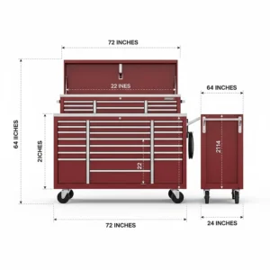 Detailed dimensions and height specifications for a standard 72 inch tool chest combo unit.