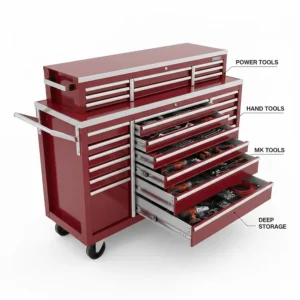 Internal drawer layout of a 72 inch tool chest showing varying depths for power tools and hand tools.