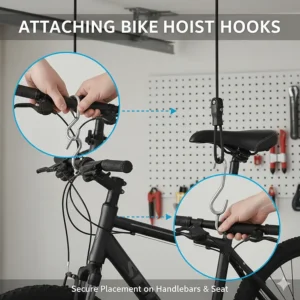 Illustration showing secure hook placement on the bike handlebars and seat for stable lifting.