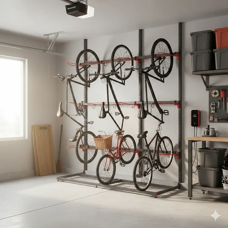 A multi-bike storage rack for garage organization featuring mountain bikes and road bikes.
