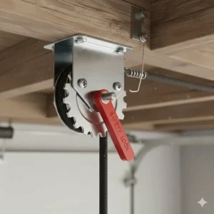 Close-up illustration of the automatic safety locking feature on a ceiling bike hoist.