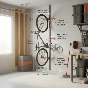 Illustration showing the dimensions and clearance needed for a standard bike storage rack for garage installation.