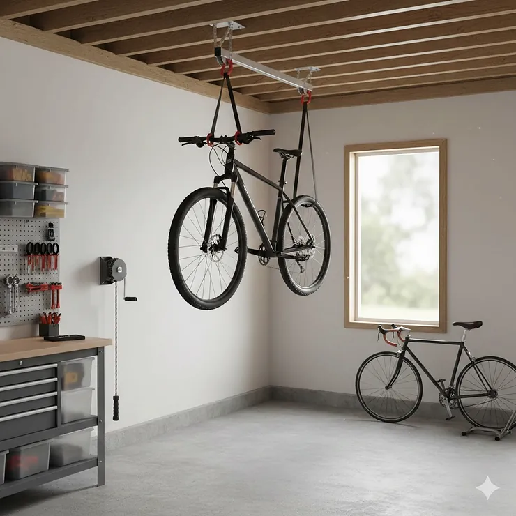 A heavy-duty ceiling bike storage hoist lifting a mountain bike in a clean, organized garage.