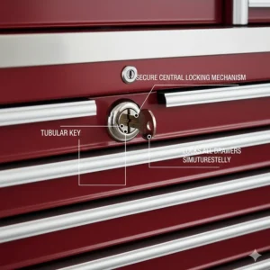 Secure central locking mechanism and tubular keys for a professional 72 inch tool cabinet.